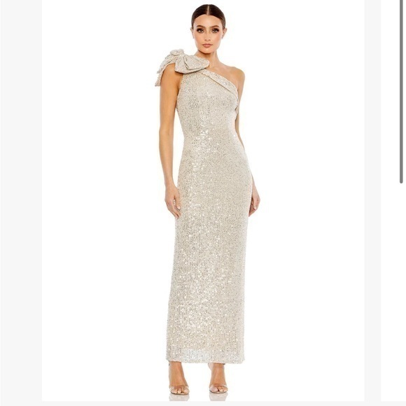New ▶️ Mac Duggal ◀️ 11283 SEQUINED BOW ONE SHOULDER COLUMN GOWN - Picture 1 of 15